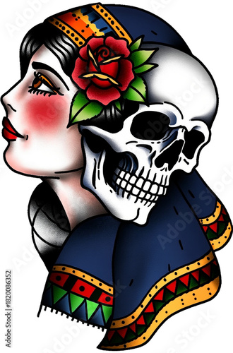 Vibrant traditional-tattoo design merging a beautiful woman and detailed human skull.
