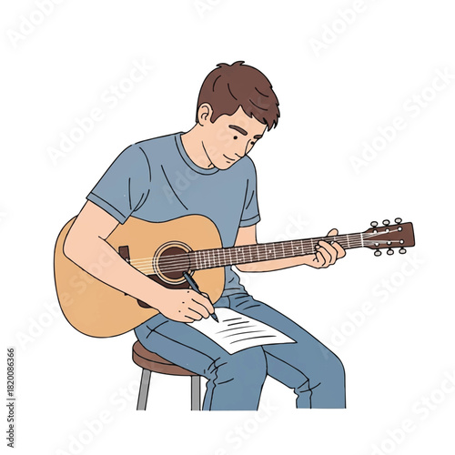 Young Musician Composing a New Song While Practicing Acoustic Guitar, Capturing the Creative Process of Music Creation