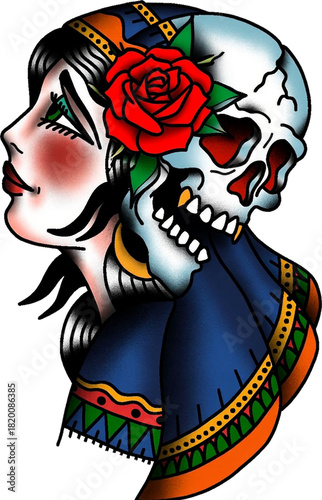Vibrant traditional-tattoo design merging a beautiful woman and detailed human skull.