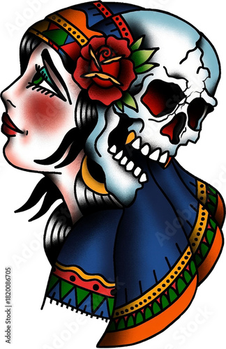 Vibrant traditional-tattoo design merging a beautiful woman and detailed human skull.