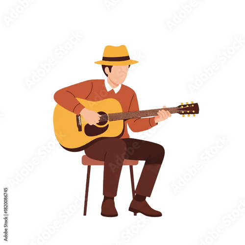 Man in a hat plays an acoustic guitar while sitting on a stool, isolated on white background