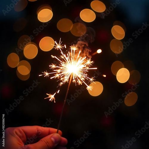 Bright sparkler burning in the dark with warm bokeh lights