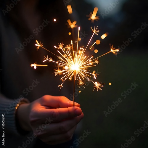Bright sparkler held by a hand against a dark bokeh background