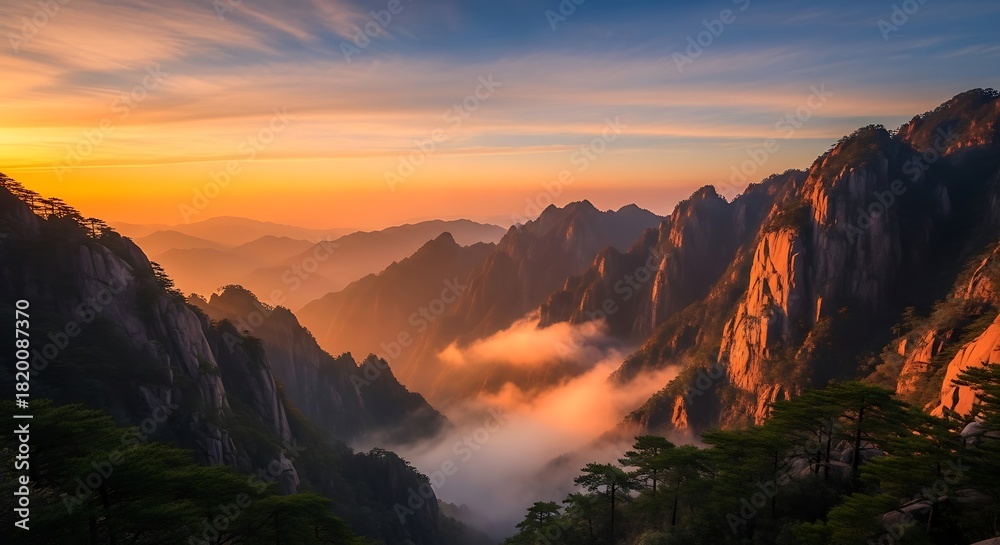 Fototapeta premium Golden hour bathes the majestic huangshan mountains in ethereal light and mist
