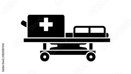Vector illustration of black silhouette icon of hospital gurney or stretcher with medical kit box isolated on transparent background