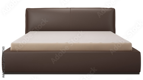 Modern minimalist bed with dark brown leather headboard and beige bedding on transparent background