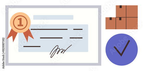 Certificate with a ribbon seal for recognition, stacked boxes suggesting logistics, and a checkmark for validation. Ideal for success, certification, quality assurance, logistics, achievement