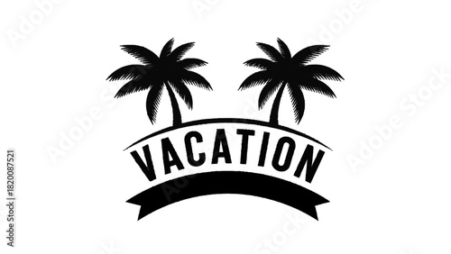 Vector illustration of black and white graphic logo design featuring two palm trees and the word vacation isolated on transparent background