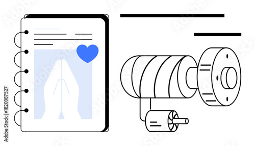 Technical diagram of a motor and engineering mechanism placed beside a notebook with a prayer gesture and heart symbol. Ideal for mindfulness, innovation, engineering ideas, productivity, technology
