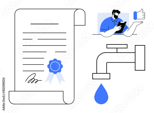 Document with signature and seal, man reviewing content with thumbs up, faucet with water drop. Ideal for legal processes, certification, contracts, water conservation, permissions, approvals