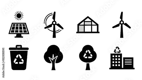 Vector illustration of set of black and white icons representing renewable energy, recycling, and environmental protection concepts isolated on transparent background