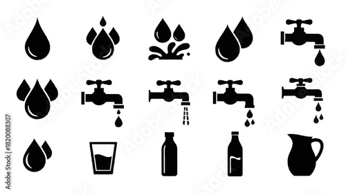 Vector illustration of collection of black and white icons representing water, faucet, drop, glass, bottle, and pitcher isolated on transparent background