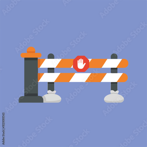 This is a cartoon-style drawing of a barricade with a gray pillar, a white hand symbol on a red stop sign, and orange and white stripes on a blue background.