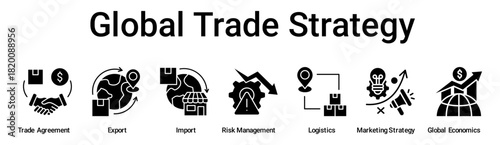 Global Trade Strategy banner web icon vector illustration concept for business with icon of Trade Agreement, Export, Import, Risk Management, Logistics, Marketing Strategy, Global.