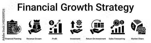 Financial Growth Strategy banner web icon vector illustration concept for business with icon of Financial Planning, Revenue Stream, Profit, Investment, Return On Investment, Sales Forecasting, Market.
