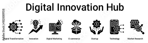 Digital Innovation Hub banner web icon vector illustration concept for business with icon of Digital Transformation, Innovation, Digital Marketing, E-commerce, Startup, Technology, Market.