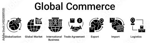 Global Commerce banner web icon vector illustration concept for business with icon of Globalization, Global Market, International Business, Trade Agreement, Export, Import.