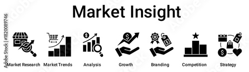 Market Insight banner web icon vector illustration concept for business with icon of Market Research, Market Trends, Analysis, Growth, Branding, Competition.