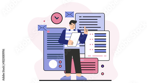 Flat Design HR Manager Reviewing Resume Stack Flat Vector Illustration