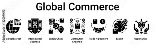 Global Commerce banner web icon vector illustration concept for business with icon of Global Market, International Business, Supply Chain, Distribution Channels, Trade Agreement, Export.