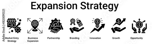 Expansion Strategy banner web icon vector illustration concept for business with icon of Market Entry Strategy, Business Expansion, Partnership, Branding, Innovation, Growth.