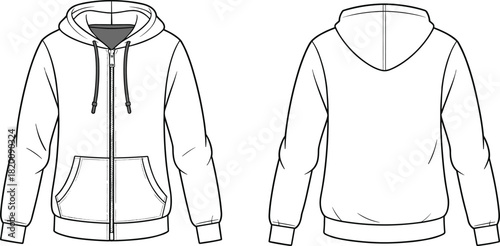 Fitted full-zip hooded sweatshirt technical fashion flat sketch vector template with contrast lining hood and split kangaroo pocket unisex CAD drawing