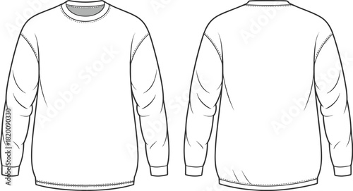 Basic crew neck pullover sweatshirt technical fashion flat sketch vector template with long sleeves ribbed neck cuffs and hem unisex CAD drawing