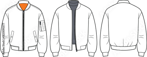 Classic MA-1 bomber jacket technical fashion flat sketch vector template with contrast lining sleeve pocket and ribbed trims unisex CAD drawing