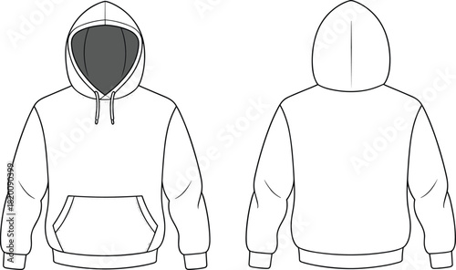 Pullover hooded sweatshirt technical fashion flat sketch vector template with contrast lining hood, drawstring, and kangaroo pocket unisex CAD drawing