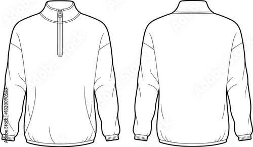 Quarter-zip mock turtleneck pullover sweatshirt technical fashion flat sketch vector template with drop sleeves and ribbed cuffs hem unisex apparel CAD drawing