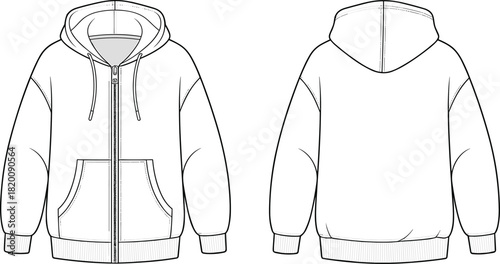 Oversized hooded zipper sweatshirt technical fashion flat sketch vector template with drop shoulders drawstring hood and kangaroo pocket unisex CAD drawing