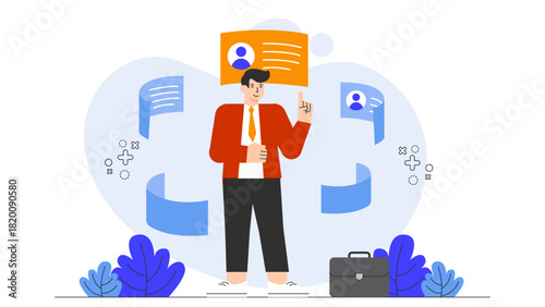Flat Design HR Manager Reviewing Resume Stack Flat Vector Illustration