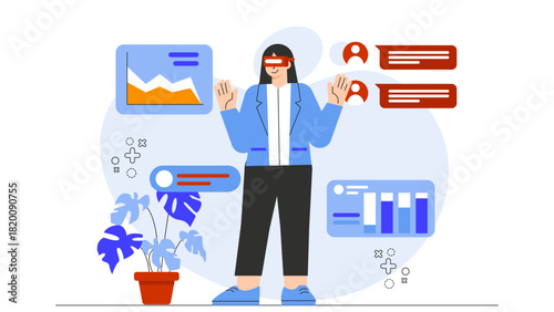 Business People Testing Virtual Reality App Flat Vector Illustration