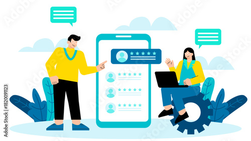 Business People Checking Online Customer Reviews Flat Vector Illustration