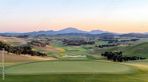A panoramic view of a meticulously maintained golf course with rolling green fairways, sand traps, and trees, set against a backdrop of distant mountains and a