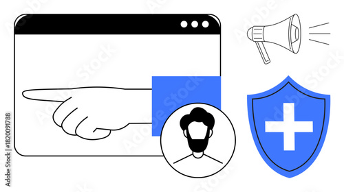 Hand pointing in browser window, male profile avatar, shield with cross, loudspeaker. Ideal for online safety, guidance, user profiles, security messaging, support announcements simple flat