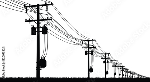 Black Silhouette of Electrical Power Line Poles, Transmission Wires, and Distribution Transformers Stretching into Perspective, Symbolizing Energy, Infrastructure, and Urban Grid Supply