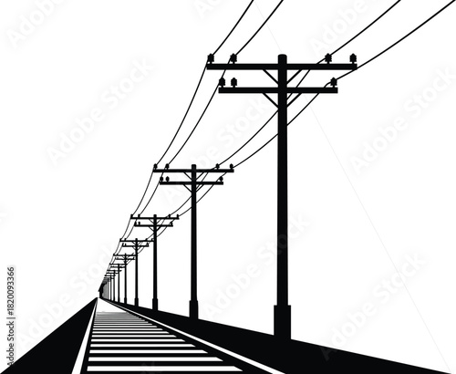 Black silhouette of receding utility poles and power lines running along a straight, empty railway track, creating a dramatic, vanishing perspective into the distant horizon.