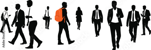 Business people commuter crowd walking urban street silhouette with one young student carrying bright orange backpack diversity