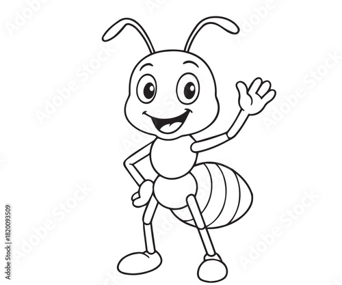 A cute black and white vector illustration of an ant, drawn with simple lines, playful details, and a friendly expression that gives the tiny creature a charming and amusing look.
