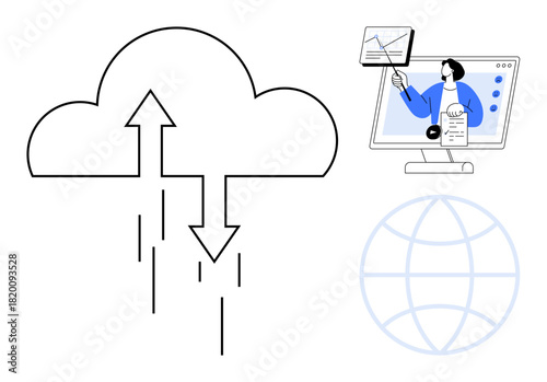Cloud computing concept. Cloud computing with data arrows demonstrates online data transfer. Cloud computing supports e-learning and global connectivity. For IT, education, technology, business