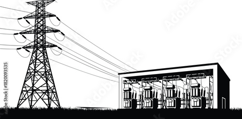 High-Voltage Electricity Substation and Transmission Tower Silhouette Against White Background, Power Grid Infrastructure, Energy Distribution Network