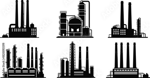 Pollution, factory, building, industry, oil, power, refinery, silhouette, plant, production, chimney, industrial, gas, icon, smoke, manufacturing, chemical, tower, station, storage