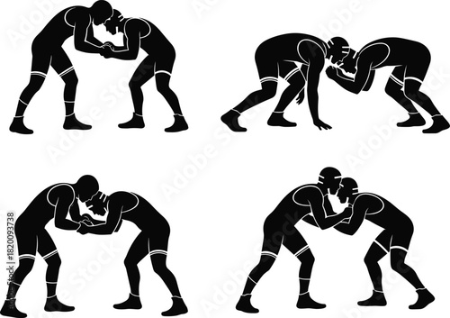 Wrestling Action Silhouette Black and White Illustration Depicting Two Male Athletes Grappling in a Takedown Stance During a Competitive Match or Training Session, Greco-Roman or Freestyle.
