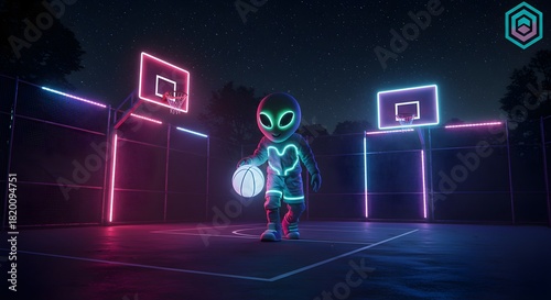 Alien playing basketball neon court