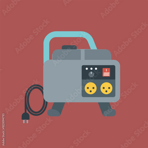 Illustration of a gray generator with a light blue handle, two yellow outlets with surprised faces, and a black cord plugged into the side.