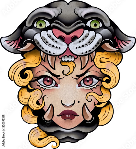 Bold woman-with-panther-head tattoo art symbolizing inner strength.