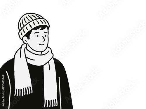 A simple illustration of a man wearing a knit cap and scarf. Winter. Winter clothes. Cold.