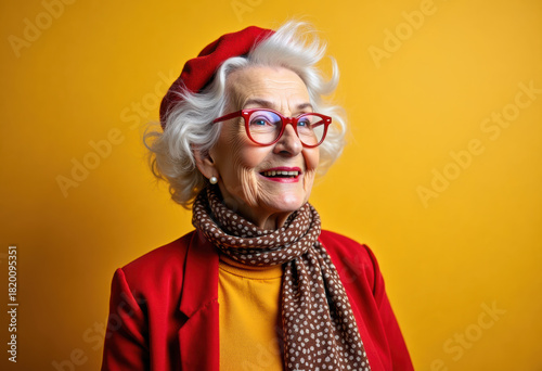 Happy and funny cool old lady with fashionable clothes portrait on colored background - Youthful grandmother with extravagant style, concepts about lifestyle, seniority and elderly people