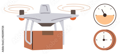 quadcopter transporting package mid-flight with two clocks representing speed and time. Ideal for delivery, logistics, technology, innovation, efficiency, e-commerce, transportation. Clean simple